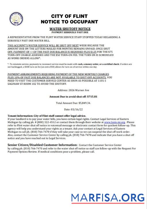 Realistic USA City of Flint Michigan Notice to occupant water utility bill shutoff notice, Word and PDF template